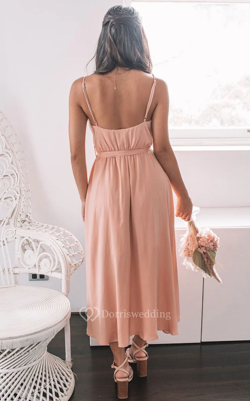 Empire V-neck Spaghetti Strap High Low Chiffon Bridesmaid Dress with Ruching and Bow view 4