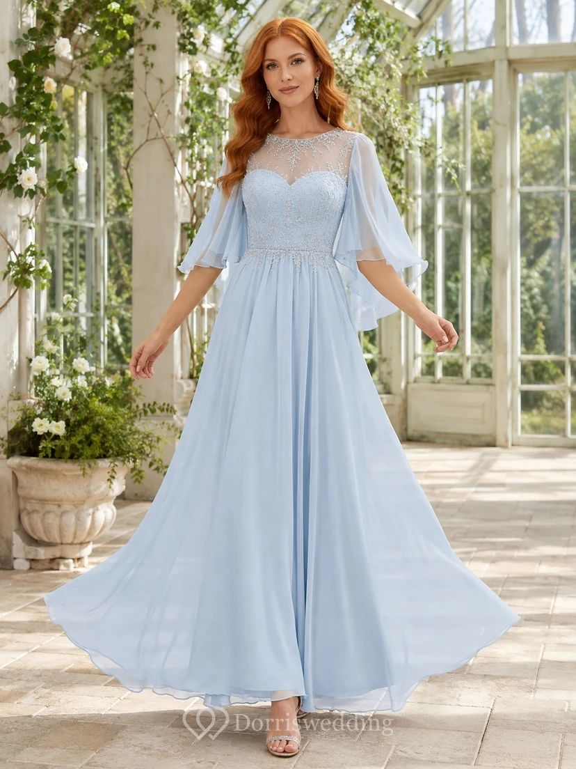 Sky Blue Chiffon Off-the-shoulder Half Sleeve A-Line Floor-length Romantic Formal Gown