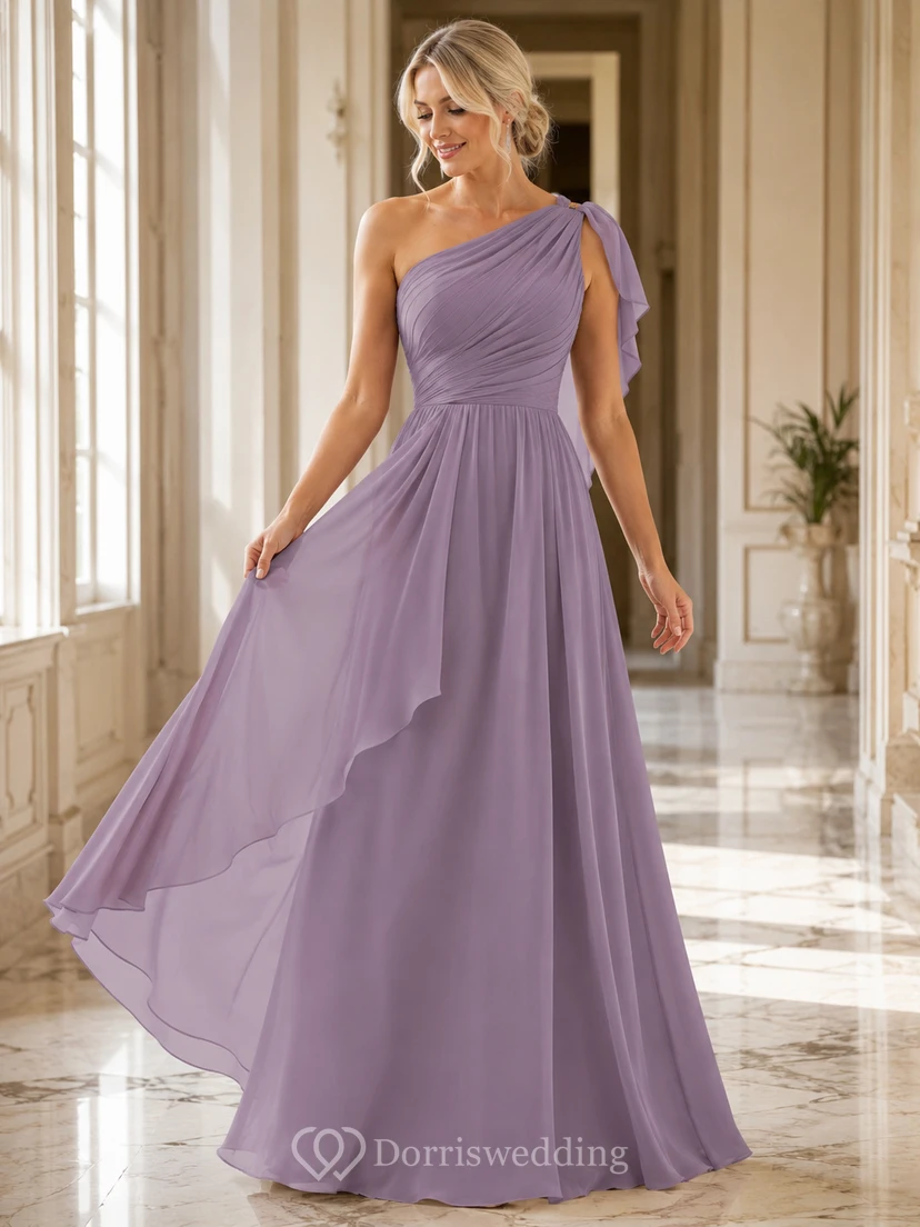 Lavender One-Shoulder Draped Pleated Chiffon Modern A-Line Bridesmaid Gown Reception