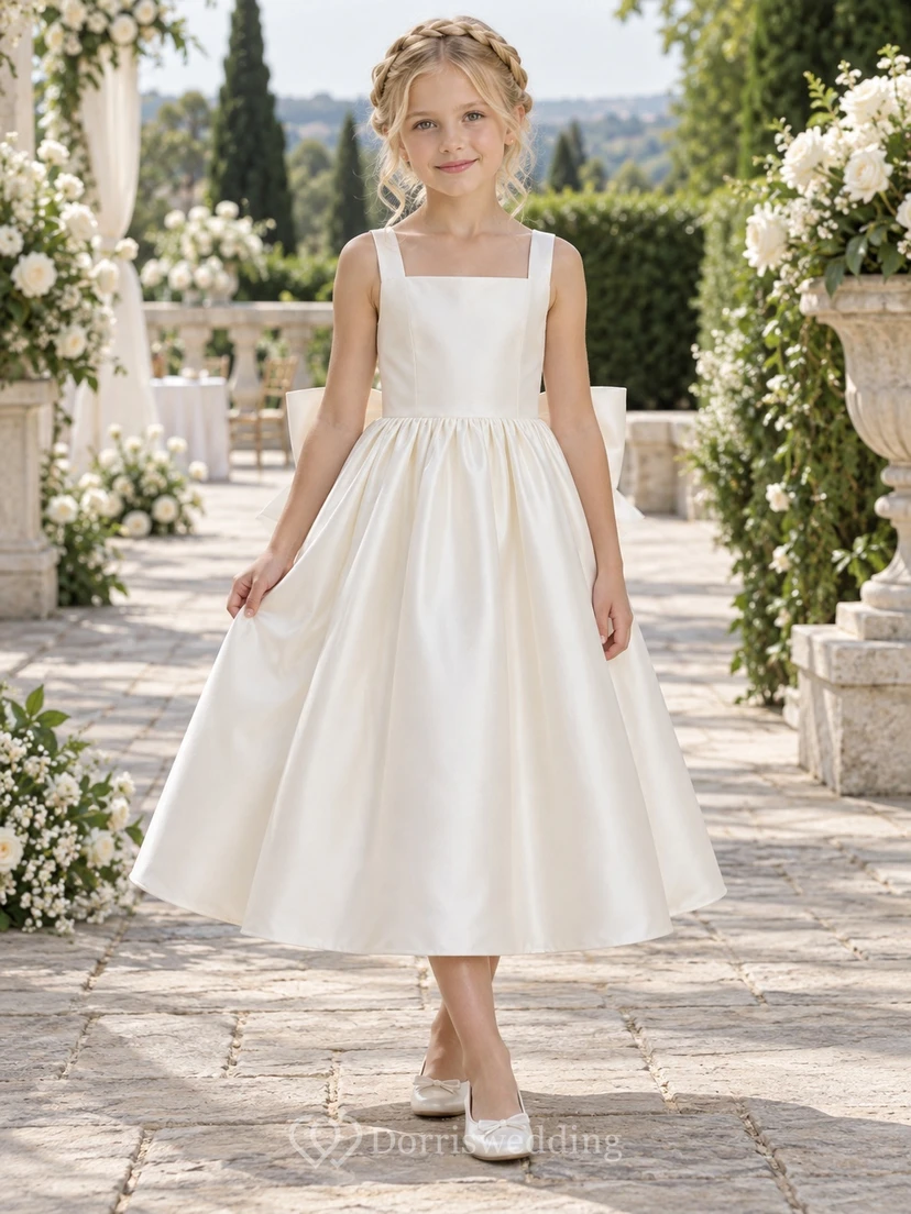 Tea-length Square Neck Simple Ivory A-line Satin Sleeveless Bow-back Flower Girl Dress