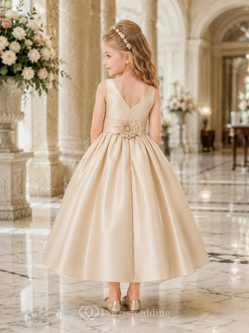 Blumenmädchenkleid aus elfenbeinfarbenem Satin, A-Linie, Rundhalsausschnitt, Teelänge, Schleifendetail view 2