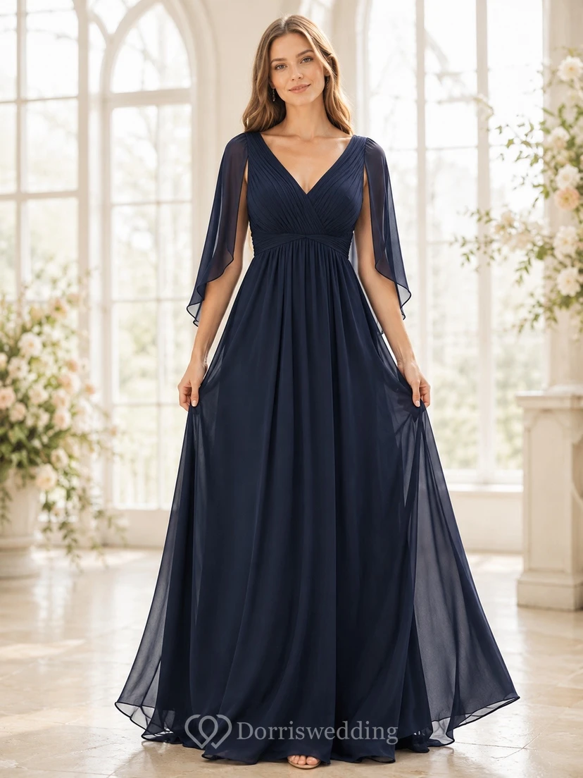 Elegant Dark Navy V-neck Long Sleeve Floor-length Chiffon A-line Formal Dress
