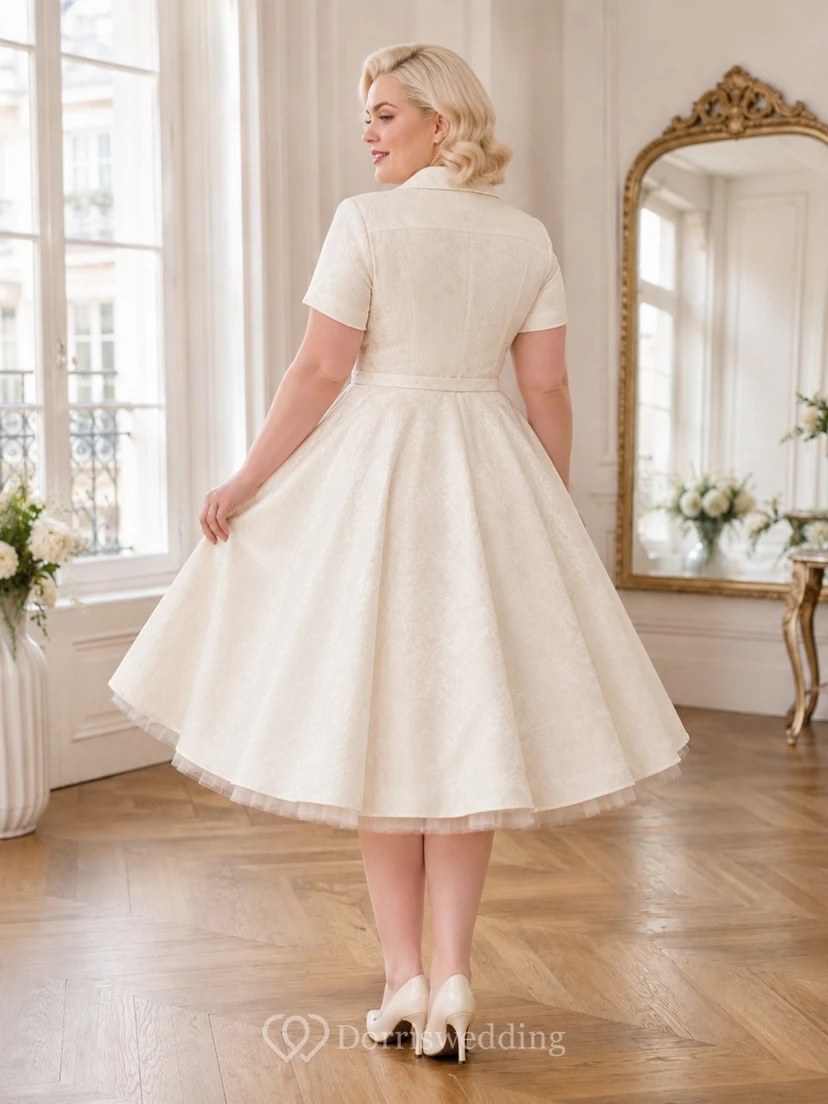Schlichtes, kurzes Brautkleid in A-Linie mit Knopfleiste, Vintage-Satin, Reverskragen, kurzen Ärmeln und Teelänge in Übergröße view 2