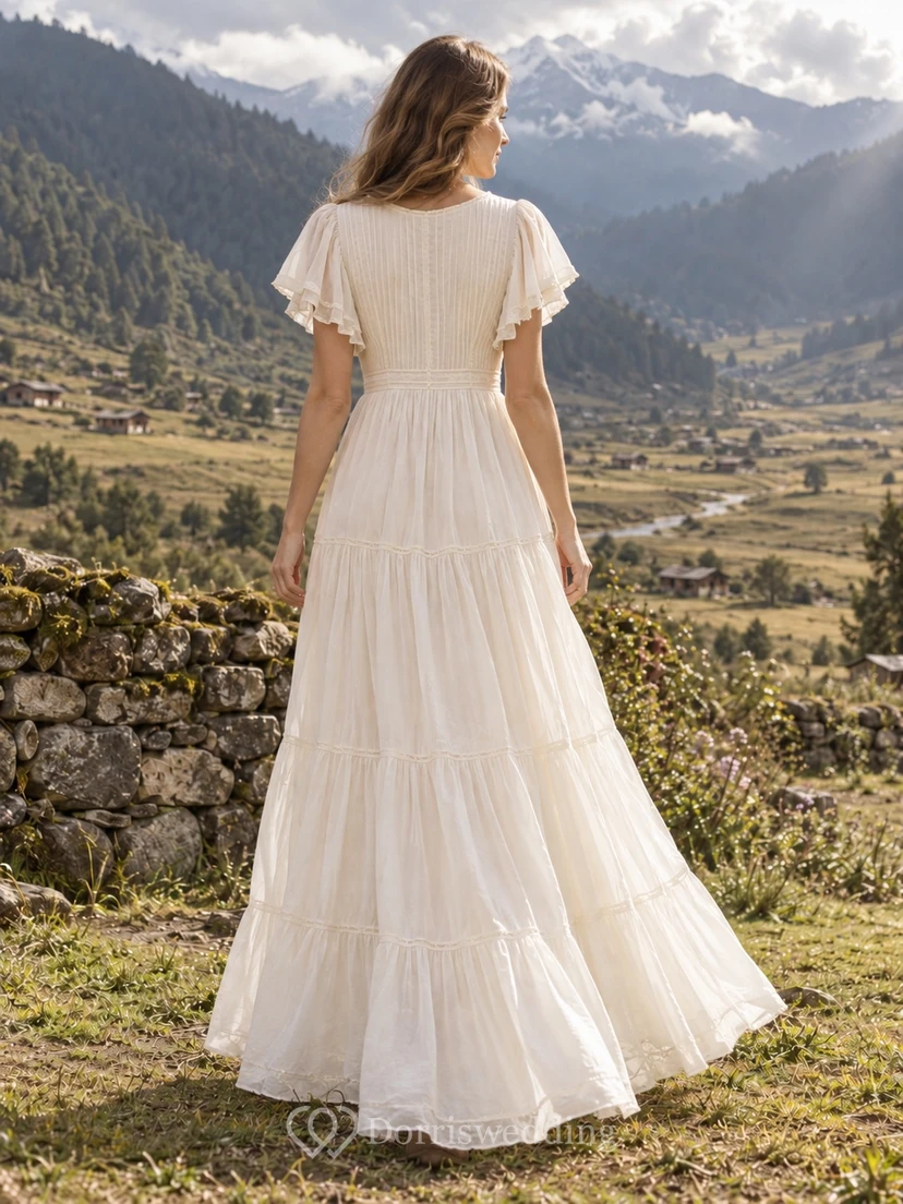 Schlichtes, knöchellanges A-Linien-Brautkleid mit V-Ausschnitt, kurzen Ärmeln und Stufenrock im Landhausstil view 2