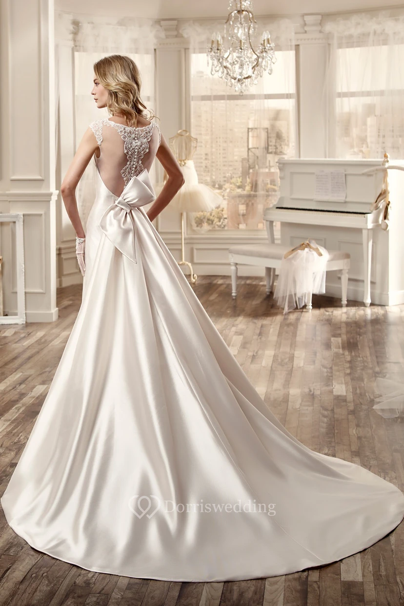 Sweetheart Cap-Sleeve Satin Wedding Dress With Large Back Bow And Illusive Back view 2