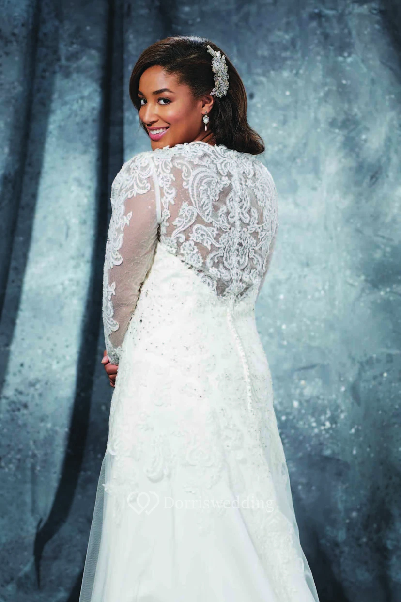 A-Line Floor-Length Bateau Neck Long Sleeve Lace Sweep Train Illusion Appliques Dress view 2