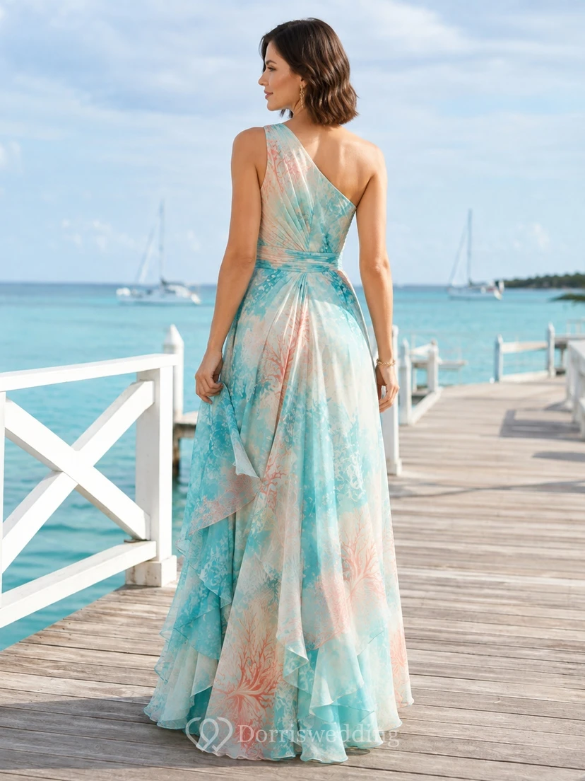 Aqua Coral One-Shoulder Printed Chiffon A-Line High-Low Ruffled Beach Guest Dress view 2
