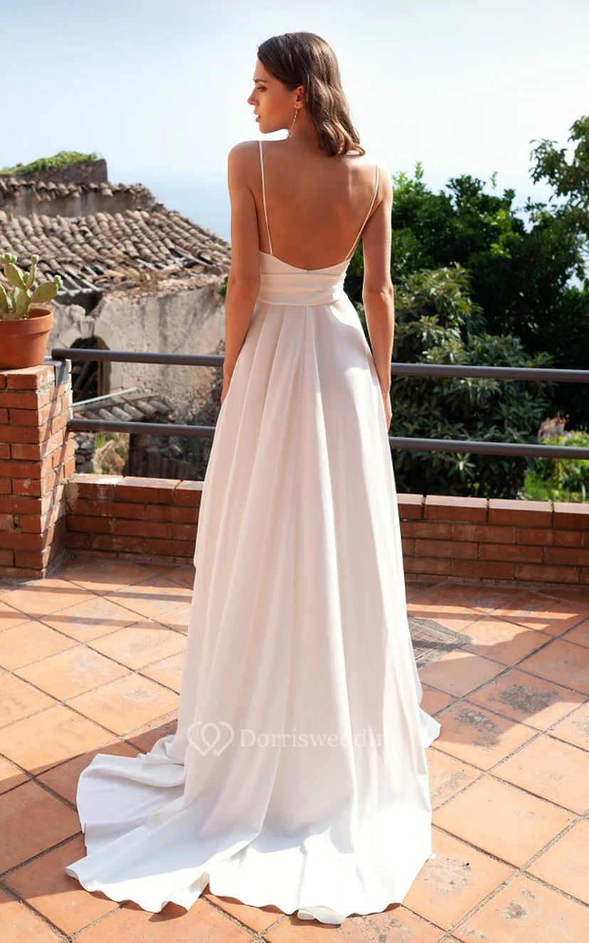 Robe de soirée simple en satin, longue jusqu'au sol, coupe trapèze, sans manches, à volants view 2