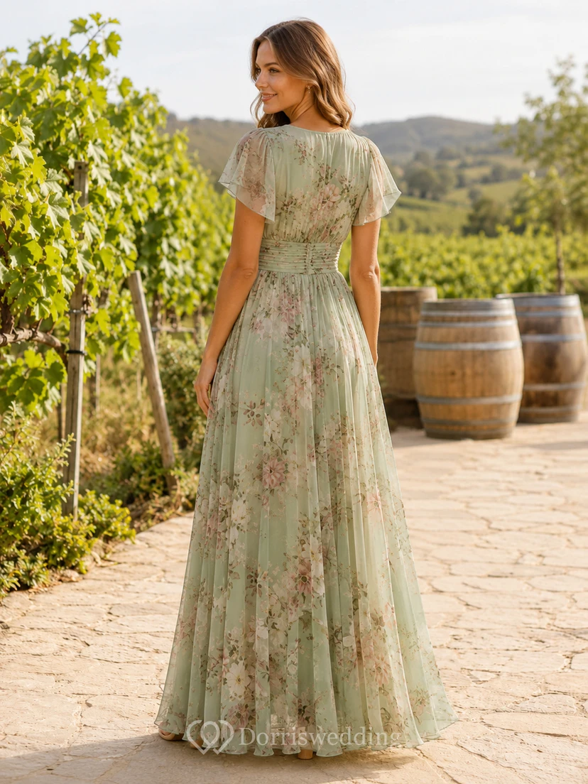 celadon Floral V Neck Flutter Sleeve Chiffon Maxi Guest Dress view 2