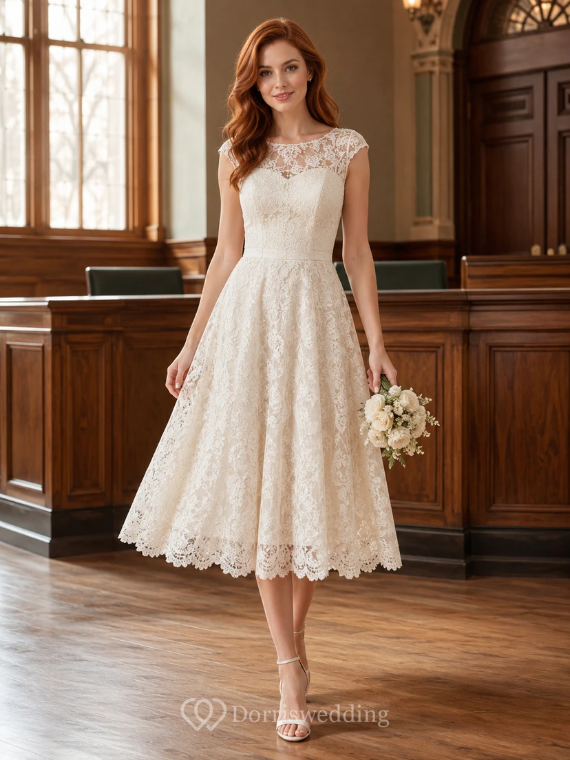 Vestido de novia vintage de encaje, corte en A, cuello joya, mangas cortas, largo midi.