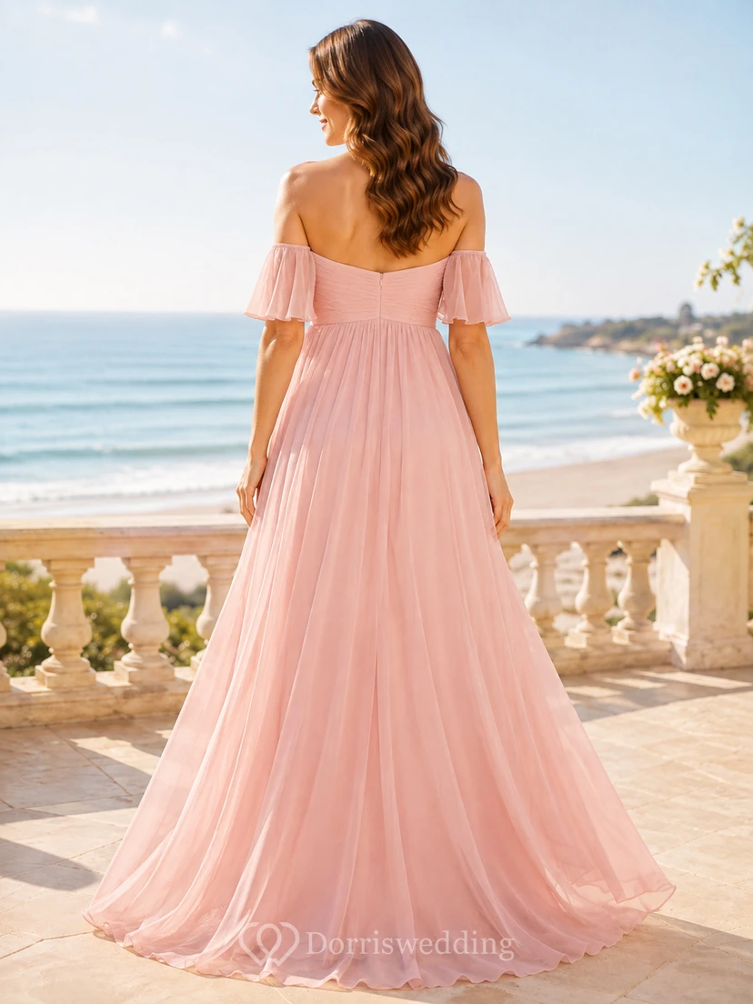 Romantisches Brautjungfernkleid aus zartrosa, schulterfreiem Chiffon mit Blütenmuster für einen romantischen Garten view 2