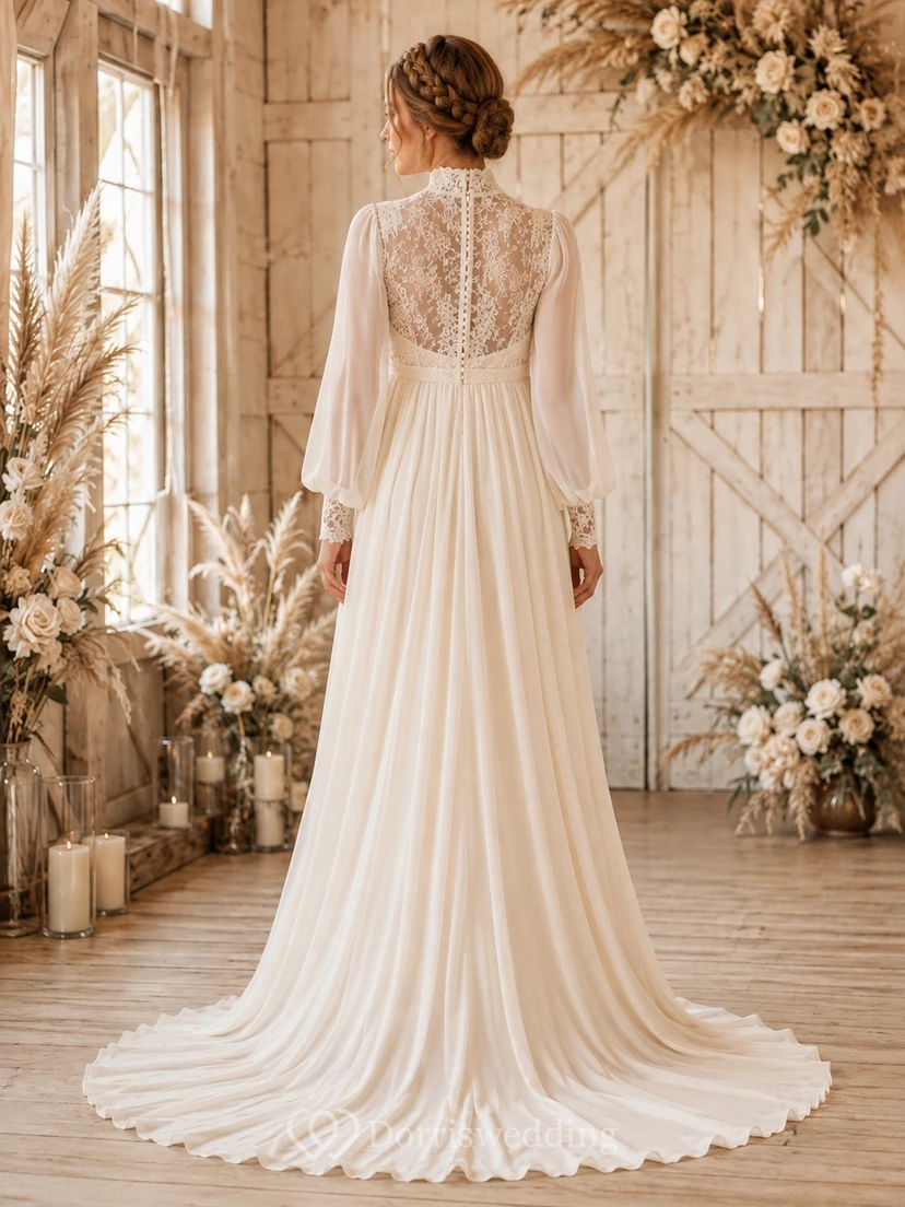 Bohemian Romantic High-Neck Long-Sleeve Lace-Tulle Tiered A-Line Floor-Length Wedding Dress view 2