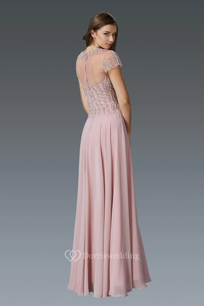 Sheath Scoop-Neck Short Sleeve Chiffon Illusion Dress With Beading view 2