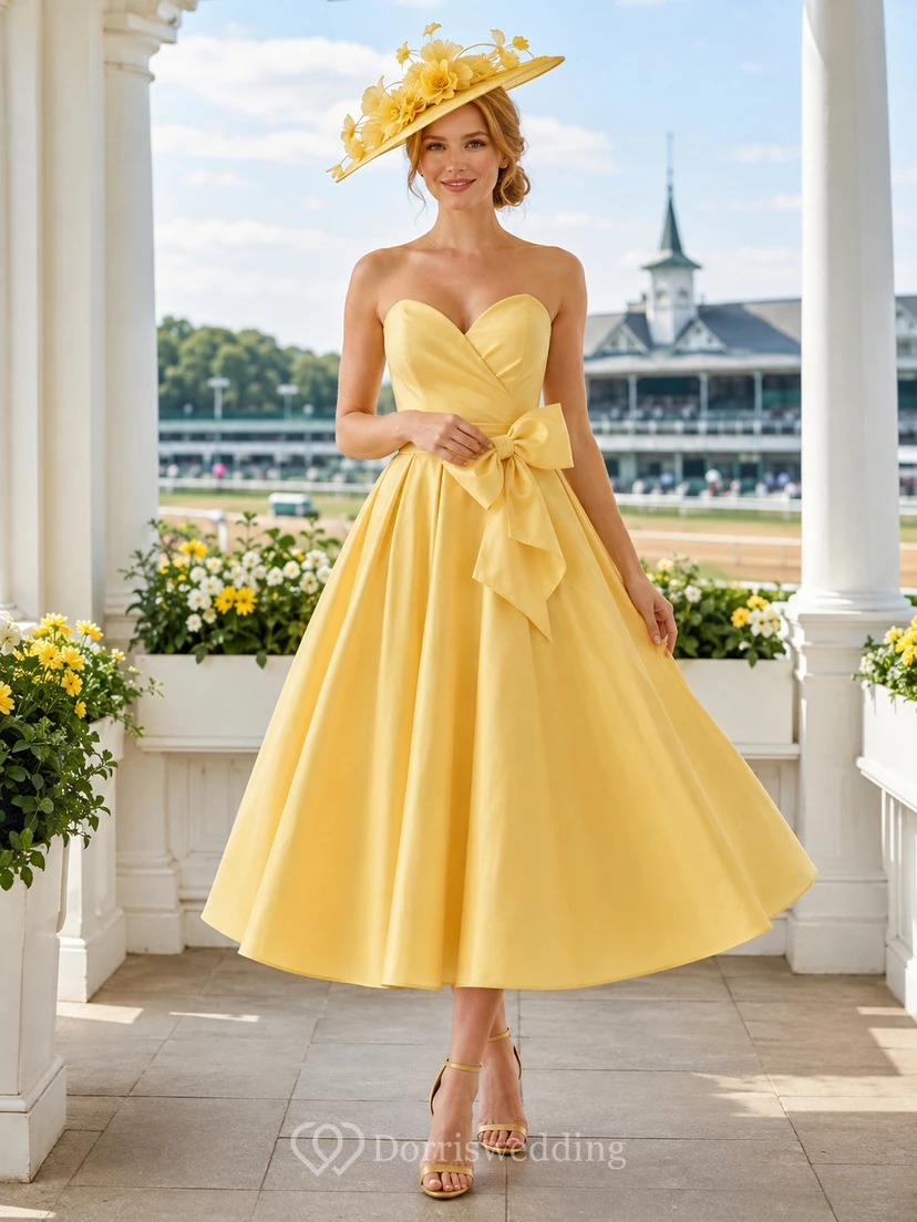 Vestido Derby vintage sin tirantes, de satén, corte A, largo hasta la rodilla, color narciso, con lazo, escote corazón.