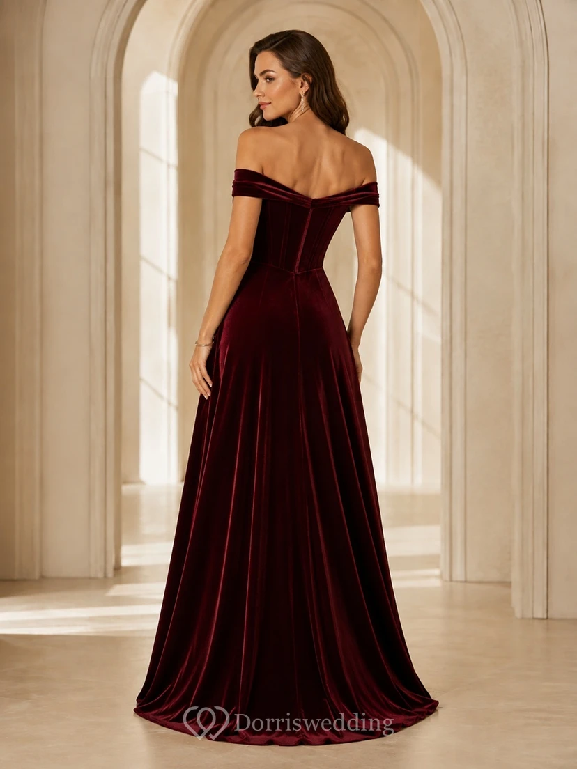Burgundy Evening Dress Mermaid Velvet Off-the-Shoulder Ruched Sweep Train Sexy Gown view 2