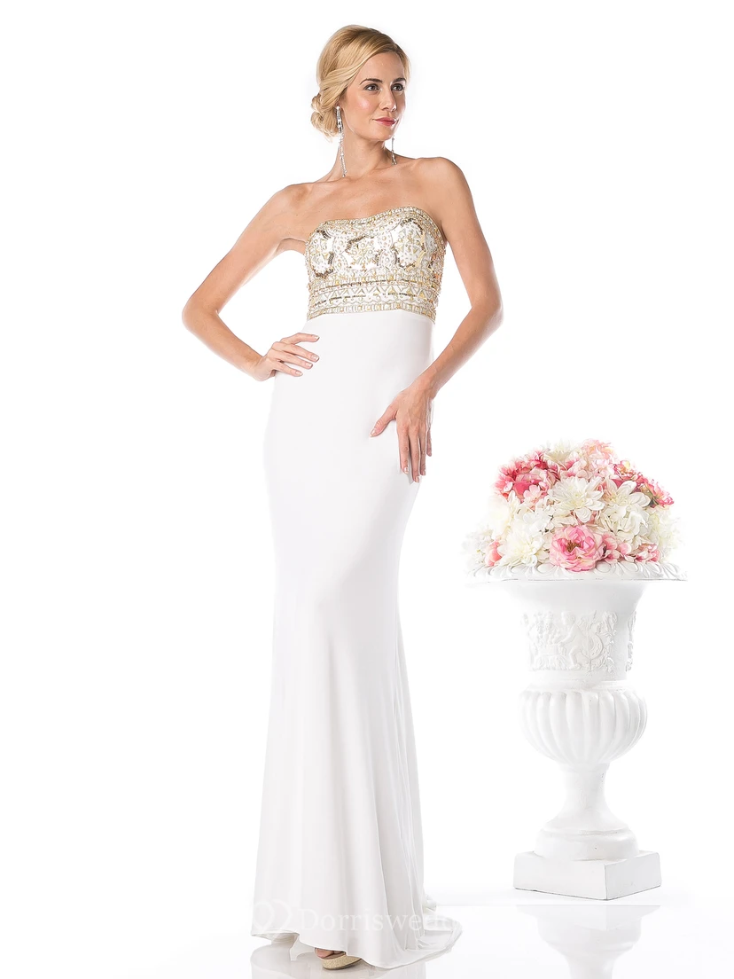 Sheath Strapless Sleeveless Jersey Backless Dress With Beading
