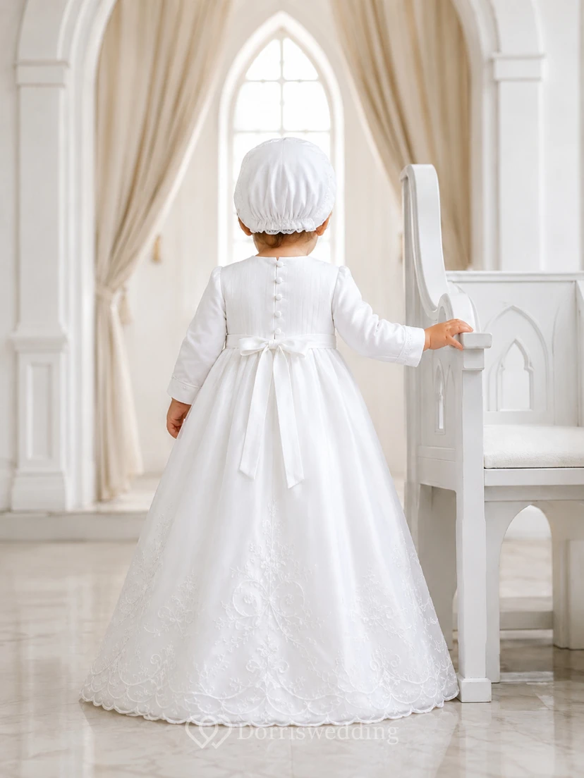 Long Sleeve Baby Christening A-Line Satin Lace Floor-Length Gown view 2