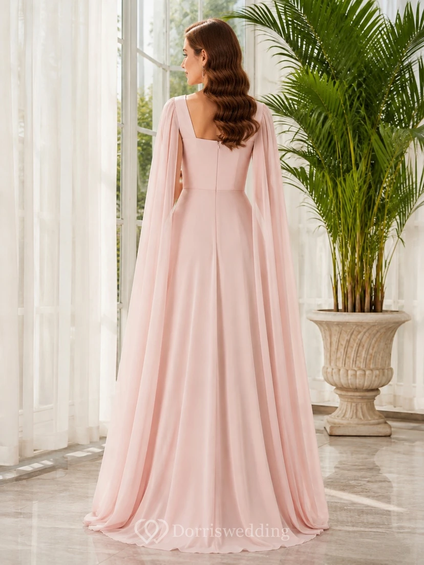 Rosafarbenes, bodenlanges Chiffon-Abendkleid mit V-Ausschnitt und langen Ärmeln view 2