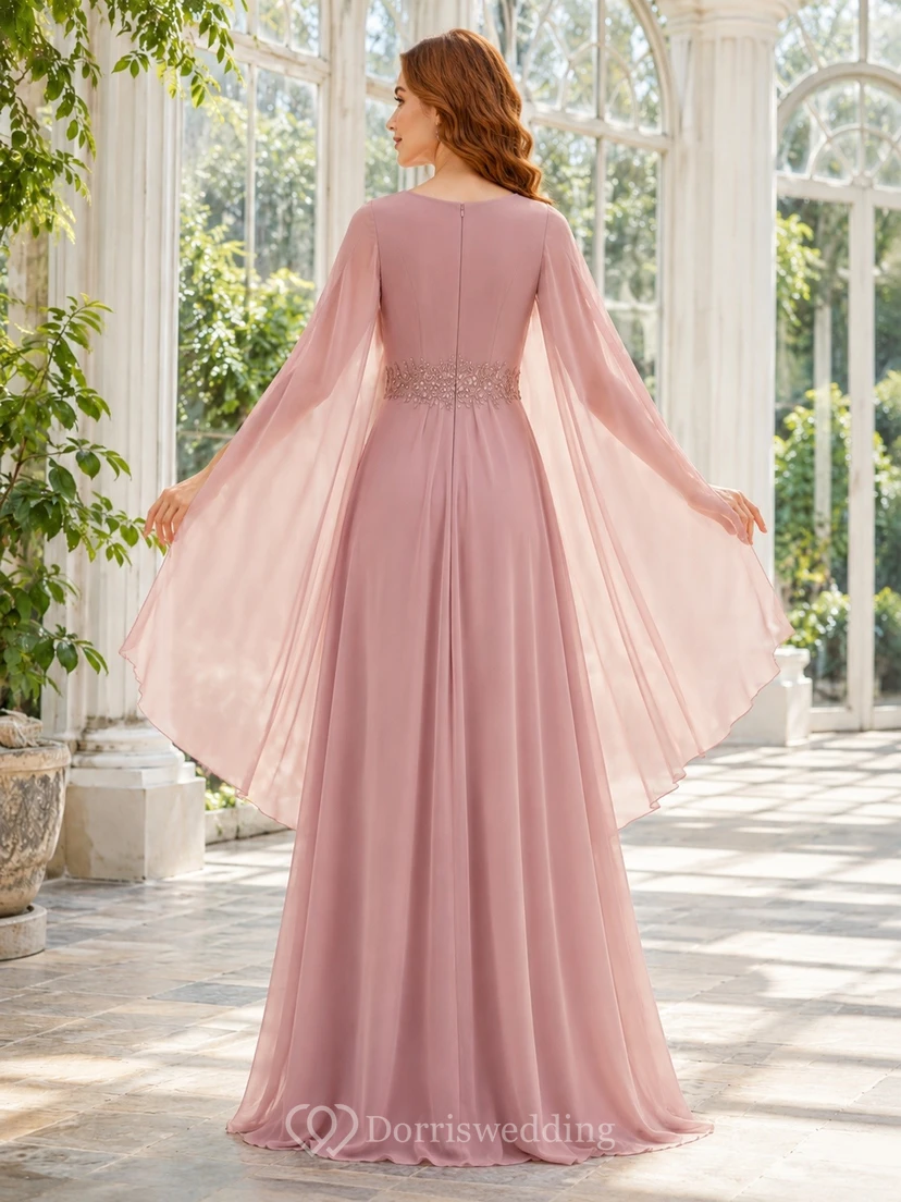 Blush Pleated V-neck Cape Sleeve Chiffon A-Line Evening Gown Dress view 2