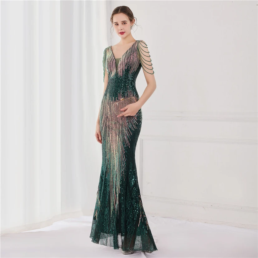 Vestido largo de lentejuelas con cola de pez, ideal para eventos, banquetes, eventos de celebridades y eventos de moda. Vestido de noche con etiqueta para modelos de automóviles. view 49