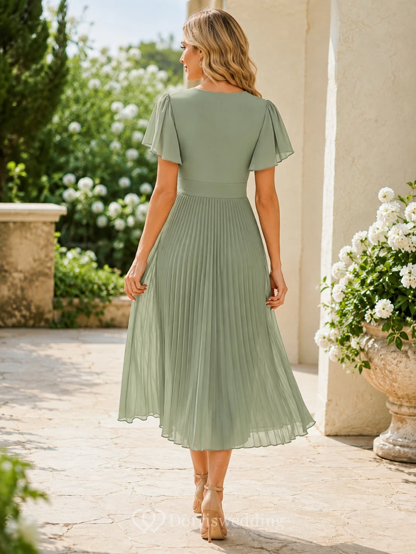 Meadow Pleat Celadon A-Line Tea-Length V-Neck Short-Sleeve Chiffon Elegant Guest Dress view 2