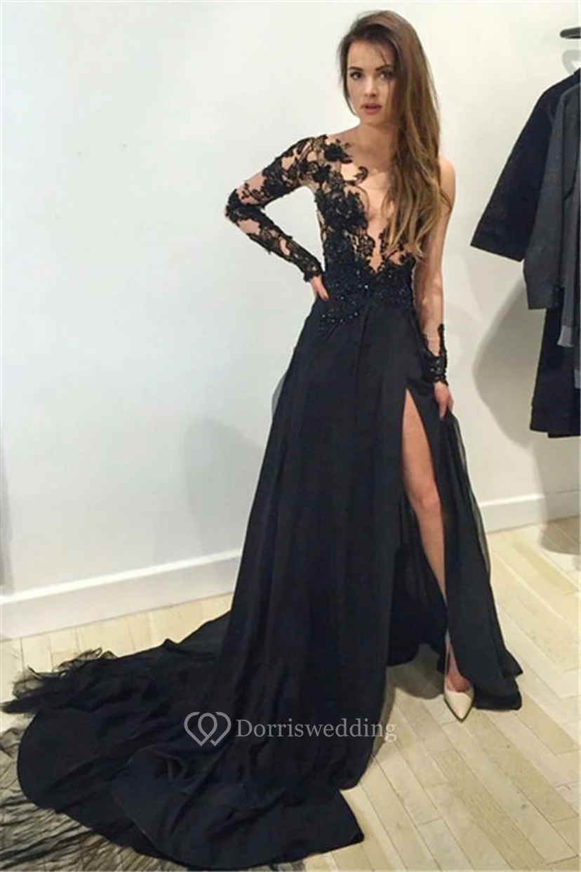 Vestido de fiesta sexy negro con apliques de encaje, abertura frontal y manga larga.