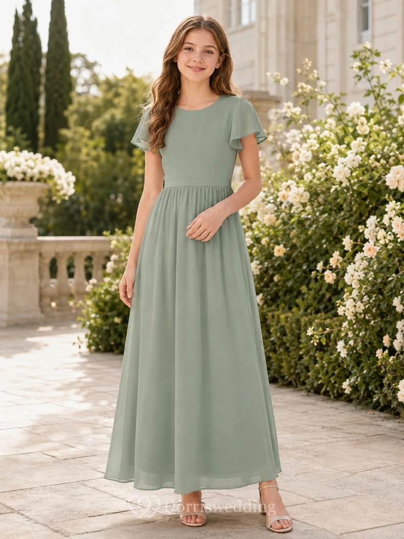 Celadonfarbenes Brautjungfernkleid für junge Damen, A-Linie, Rundhalsausschnitt, kurze Blütenblattärmel, Chiffon, schlicht