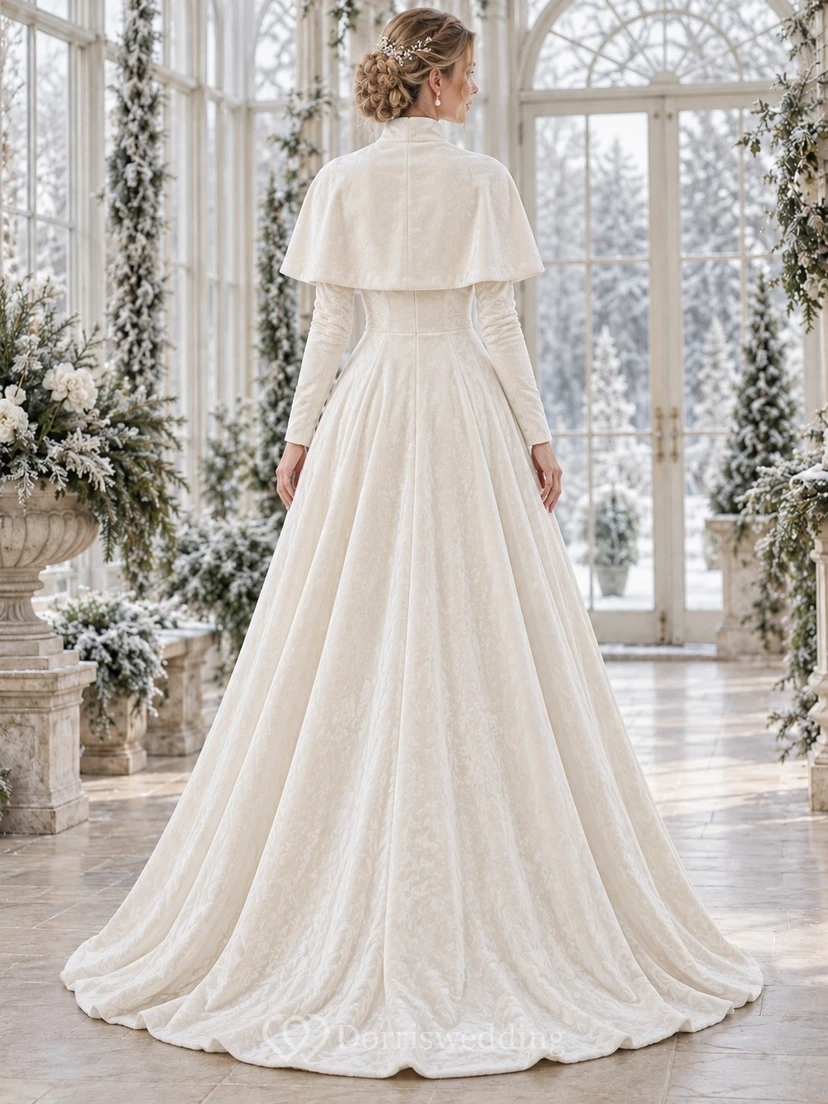 Vestido de novia de corte A con capa de terciopelo, cuello alto y mangas largas, estilo modesto, ideal para invierno. view 2