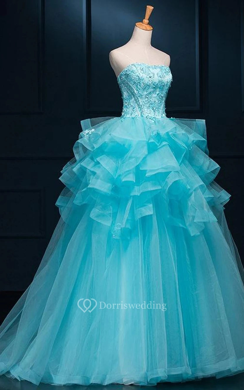 Ball Gown Long Straps Sleeveless Bell Appliques Ruffles Zipper Straps Tulle Sequins Dress view 3