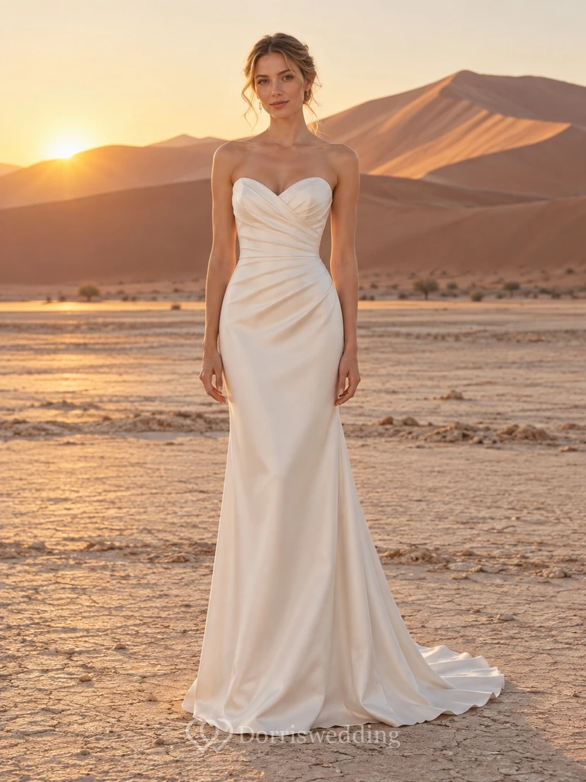 Vestido de novia sencillo sin tirantes, escote corazón, de satén, con corpiño drapeado y cola que llega hasta la cadera.