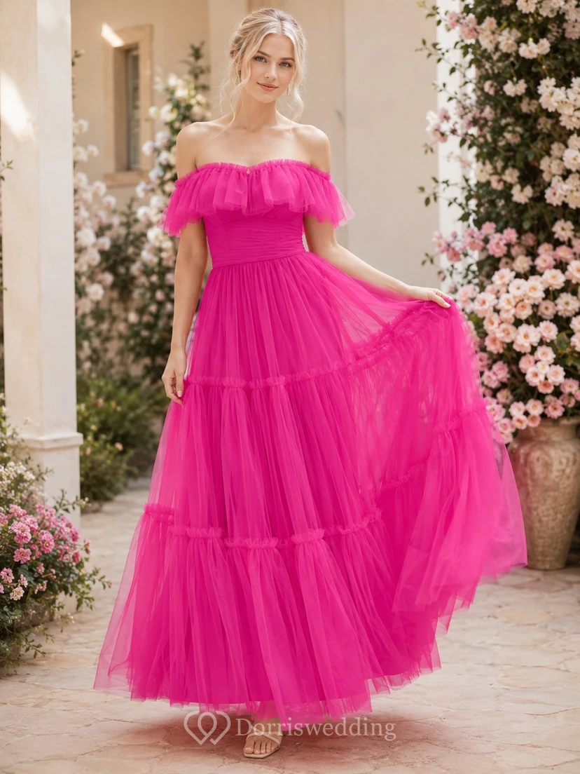 Fuchsia Off-the-Shoulder Ruffled Tiered Tulle Floor-Length Dress
