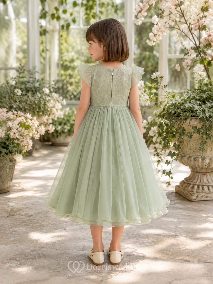 A-Line Spring Garden Flower Girl Dress with Cap Sleeves, Floral Lace Skirt, Full Tulle, Satin Waist, Spring Garden Ceremony Style view 2