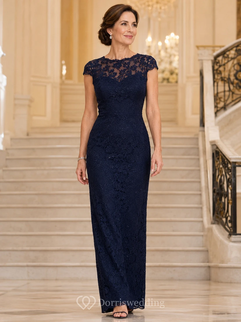 Vestido formal azul marino de encaje transparente con mangas cortas para madres