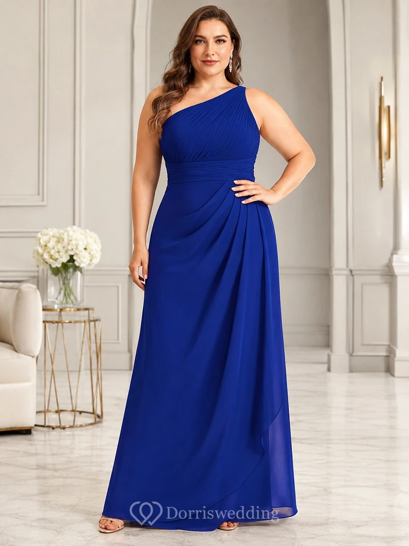 Plus Size Royal Blue One-Shoulder Ruched Chiffon A-Line Floor-Length Evening Dress