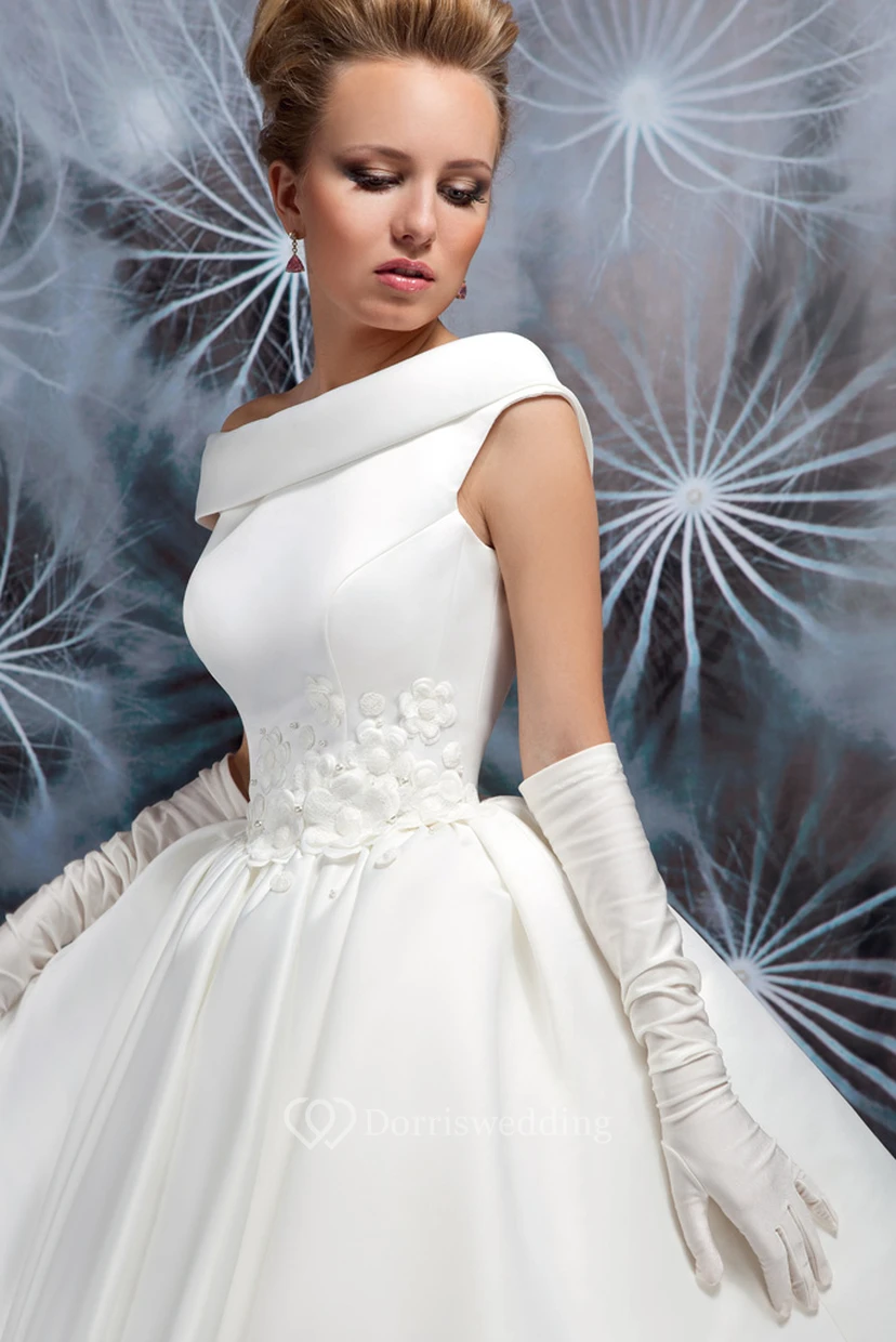 Mini Jewel Floral Satin Wedding Dress With Pleats And V Back view 3