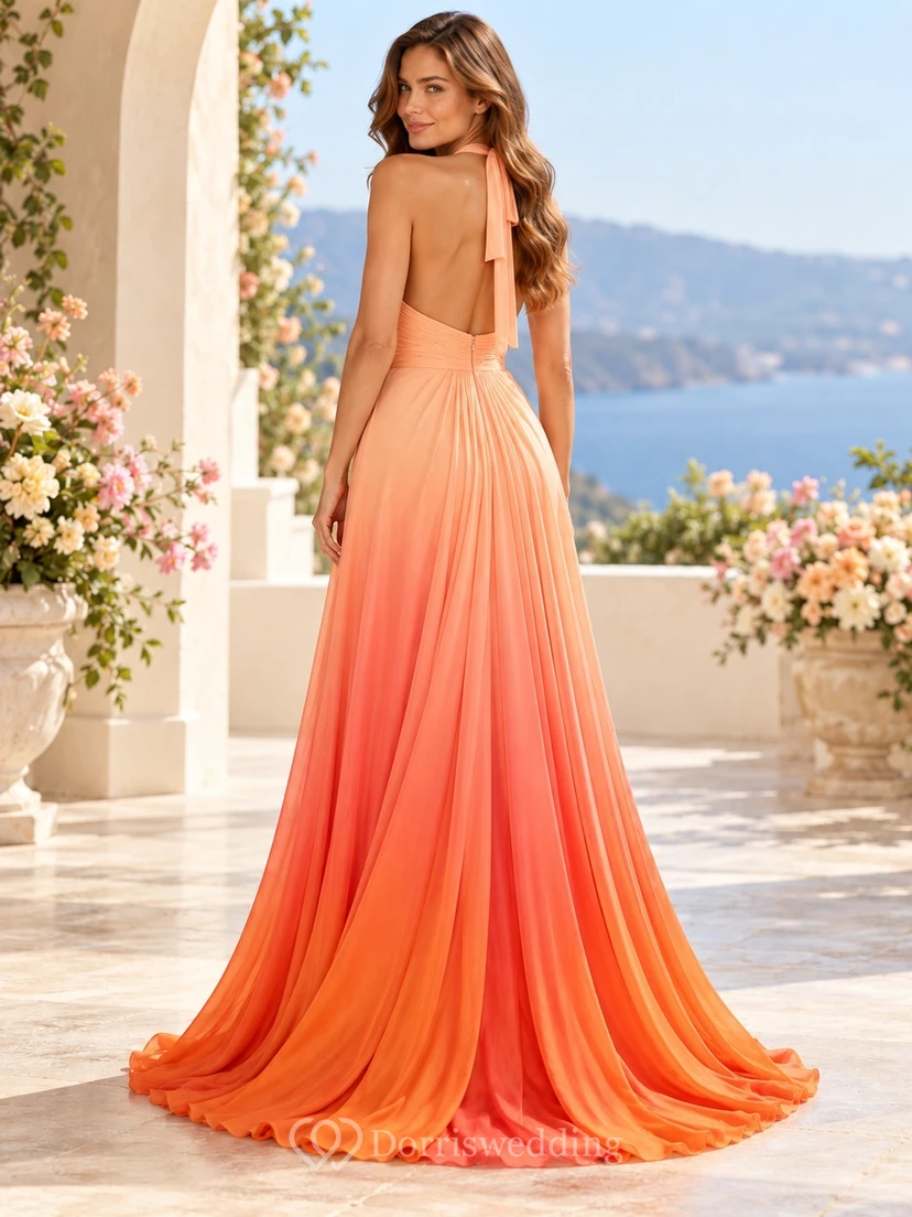 Orange Ombre V Halter Ruched Chiffon Slit Long Evening Gown view 2
