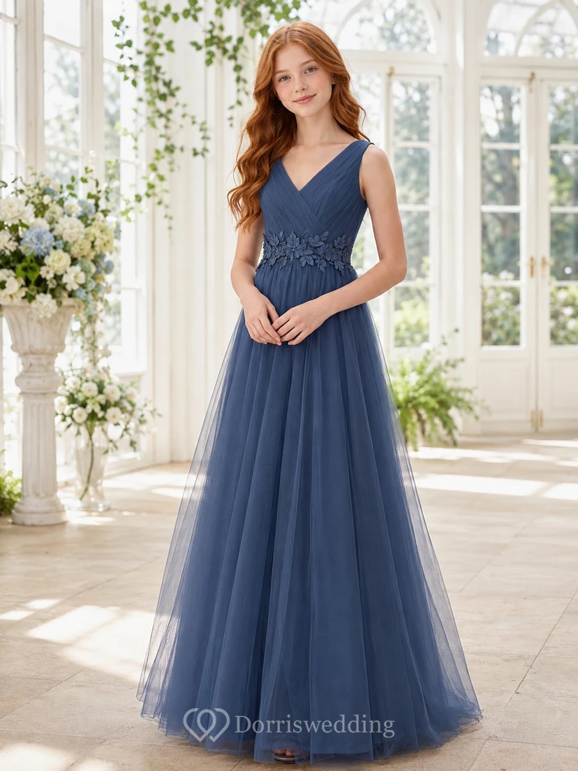 Schieferblaues Brautjungfernkleid für junge Frauen, A-Linie, V-Ausschnitt, ärmellos, Tüll, romantisch