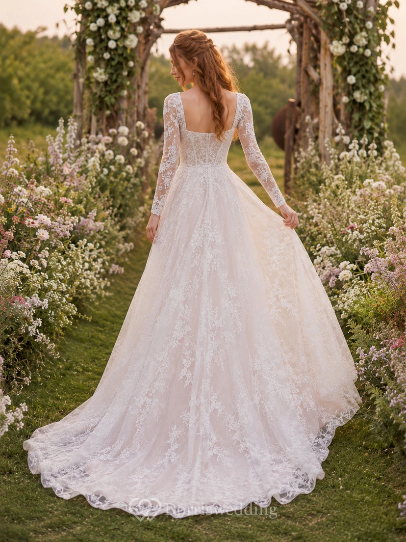 Square Neck Long Sleeve Floral Lace Garden Bridal Gown view 2