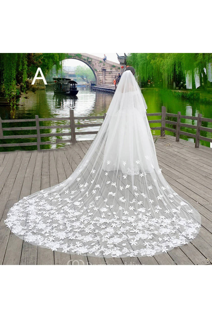 New Korean Style Lace Applique Large Tailed Tulle Super Long Veil