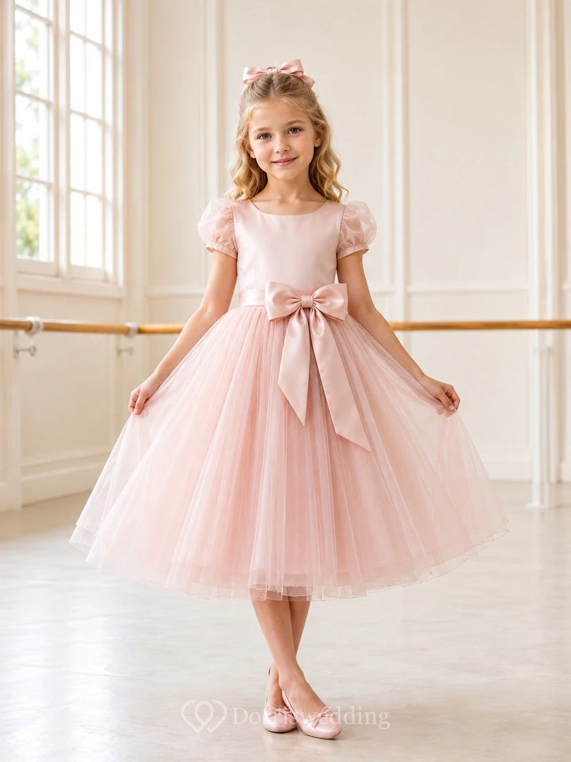 Pink Lace Tulle A-Line Flower Girl Dress with Short Sleeves, Jewel Neck, Tea-Length Skirt and Bow Detail