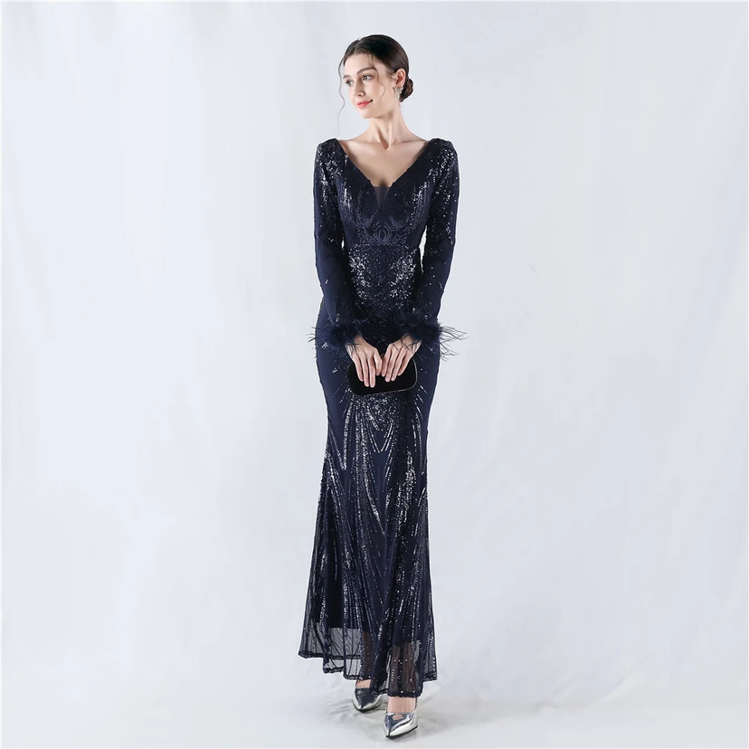 Robe de soirée haut de gamme ornée de perles florales fixes et de poils d'autruche, hôte de la réunion annuelle d'hiver view 41