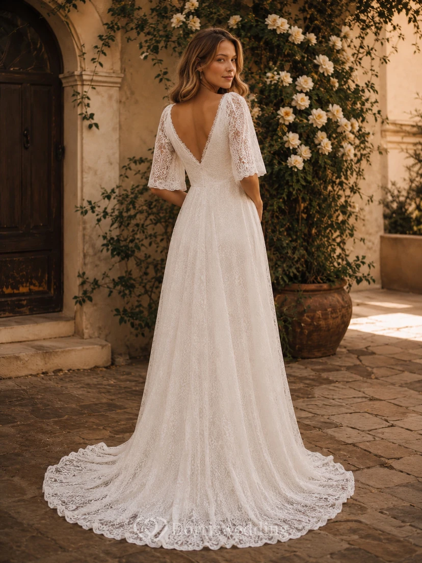 Half-sleeve V-neck Lace Boho Country Empire Wedding Dress view 3