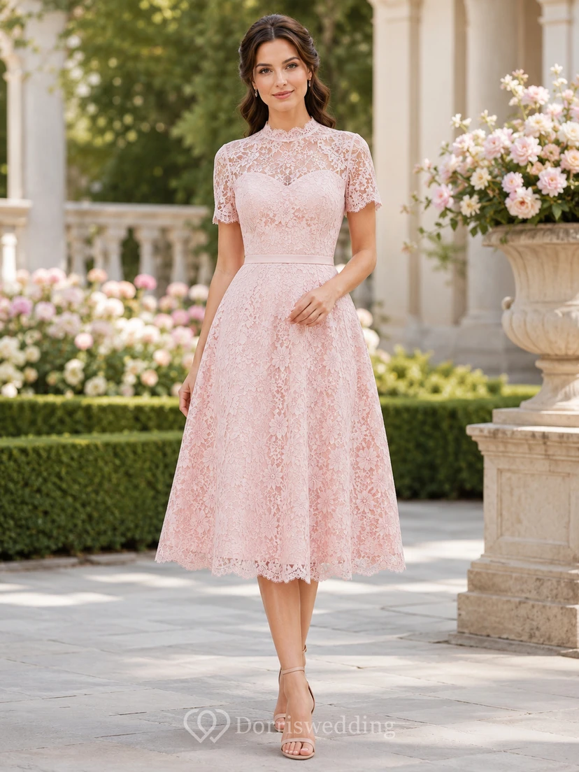 Blush Lace Illusion Neck Pastel Afternoon Tea Dress