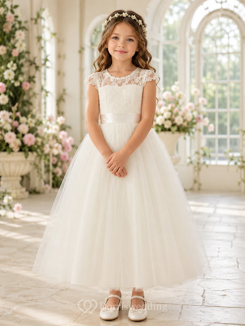 Lace Cap Sleeve Tulle A-Line Tea-Length Keyhole Bow Flower Girl Garden Wedding Dress