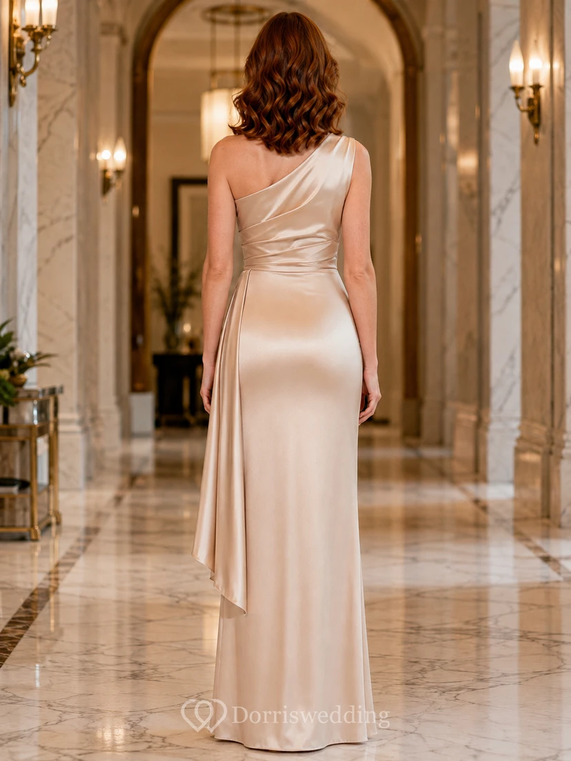 Champagne satin one shoulder draped sheath hotel gown view 2