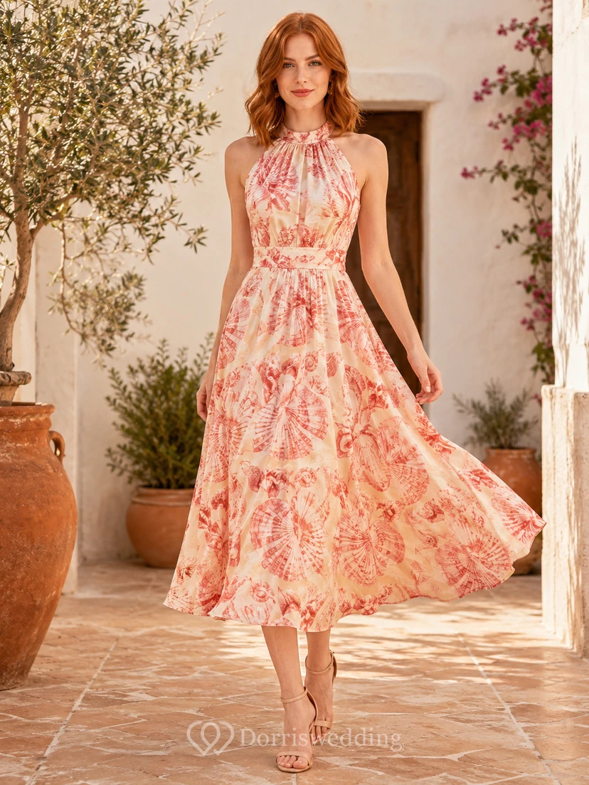 Vestido midi de corte A con escote halter y volantes en forma de concha de coral
