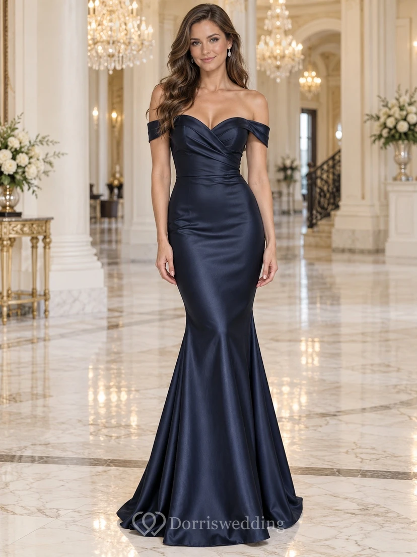 Vestido de invitada de boda de satén negro con escote corazón y hombros descubiertos, color azul marino oscuro, estilo sirena.