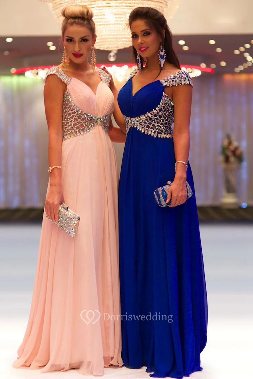 Sheath Beaded Cap-Sleeve Floor-Length V-Neck Chiffon Prom Dress With Pleats view 2