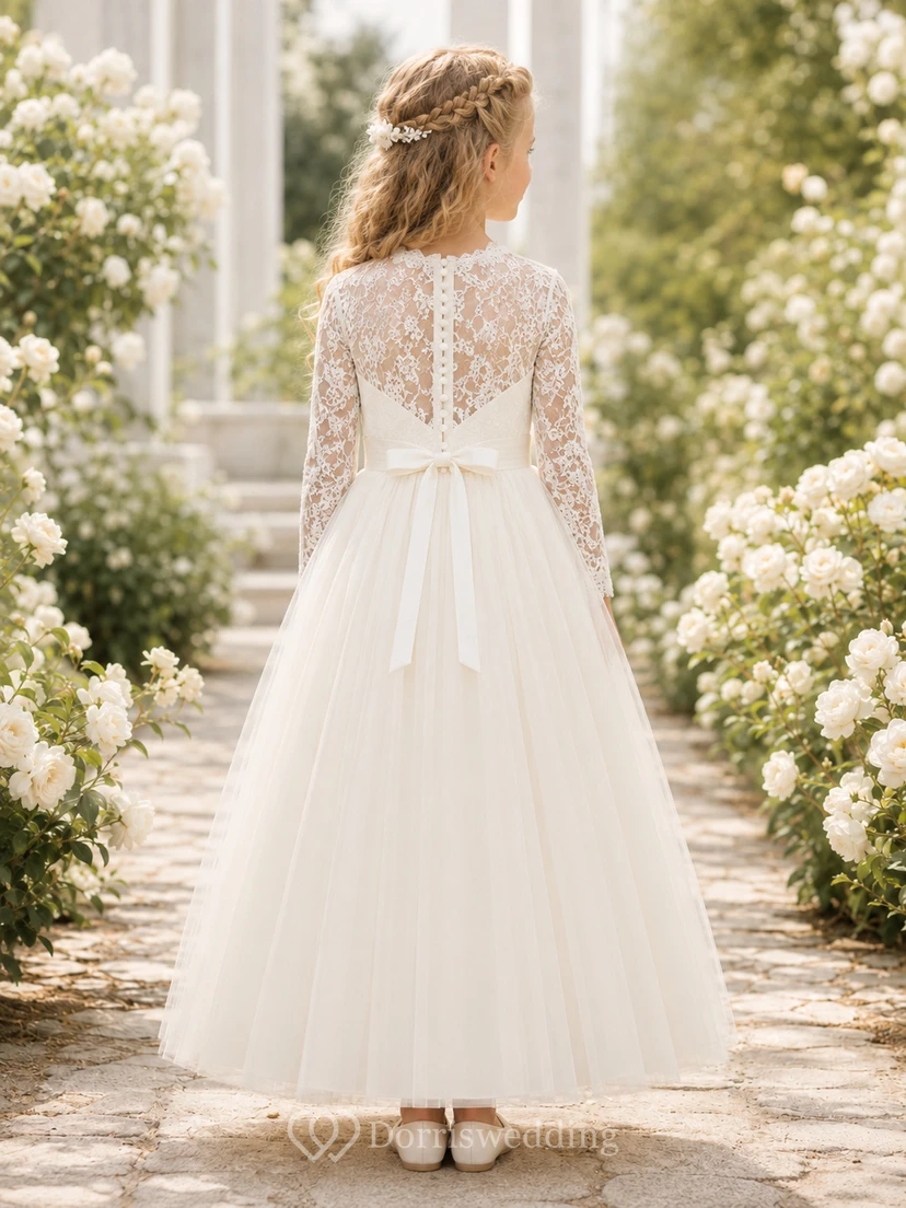 Langärmeliges A-Linien-Kleid aus Spitze und Tüll für Blumenmädchen mit Rundhalsausschnitt und bodenlangem Rock view 2