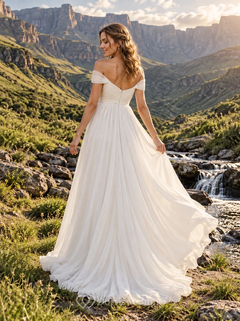 Vestido de novia sencillo de gasa con hombros descubiertos, corte en A y cintura fruncida. view 2